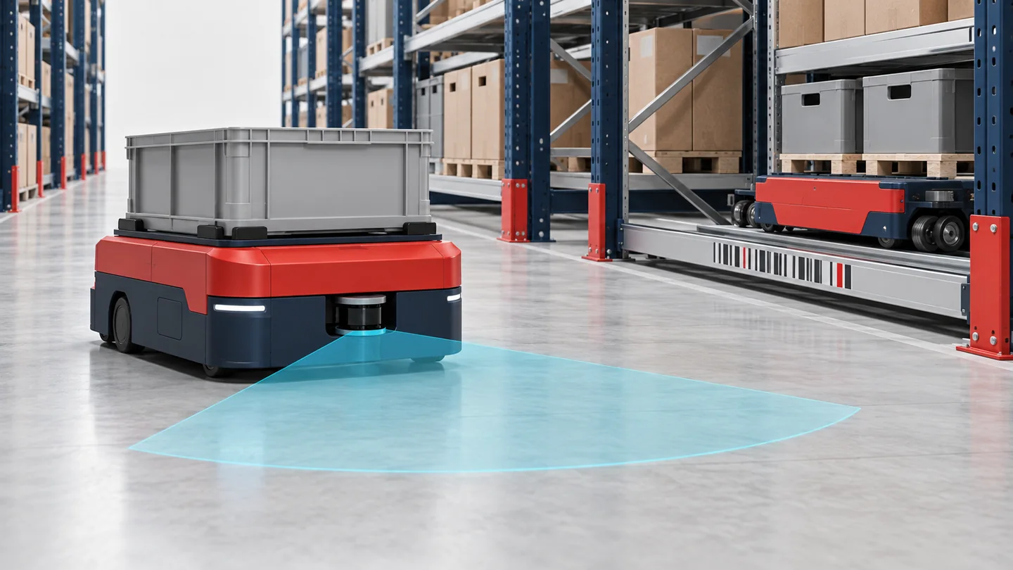 Depo koridorunda lazer alan tarayıcıyla çevresi izlenen mobil robot ve barkod konumlandırma şeridi illüstrasyonu