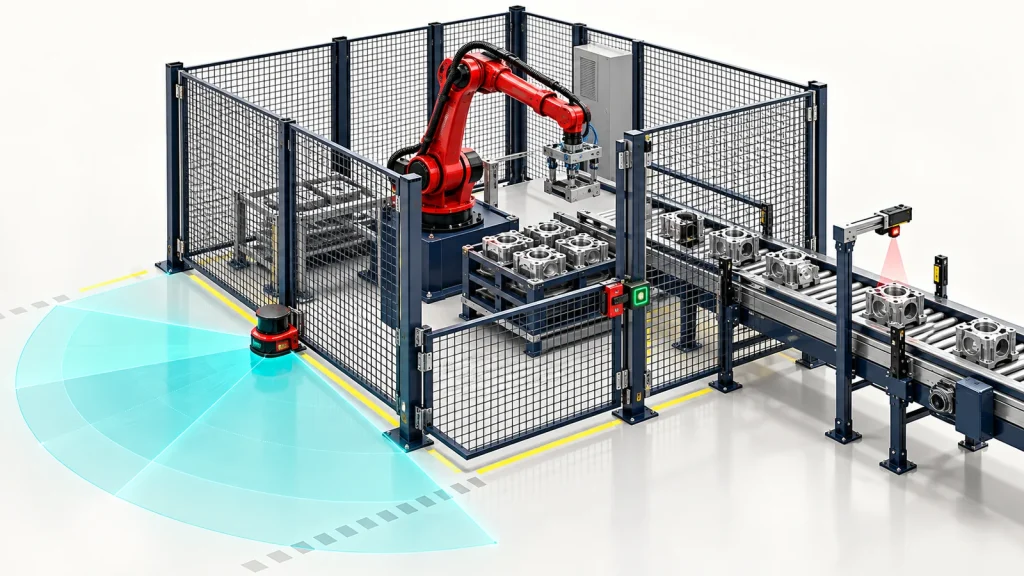 Makine emniyeti için lazer alan tarayıcı ve RFID kapı kilidiyle korunan robot hücresi illüstrasyonu