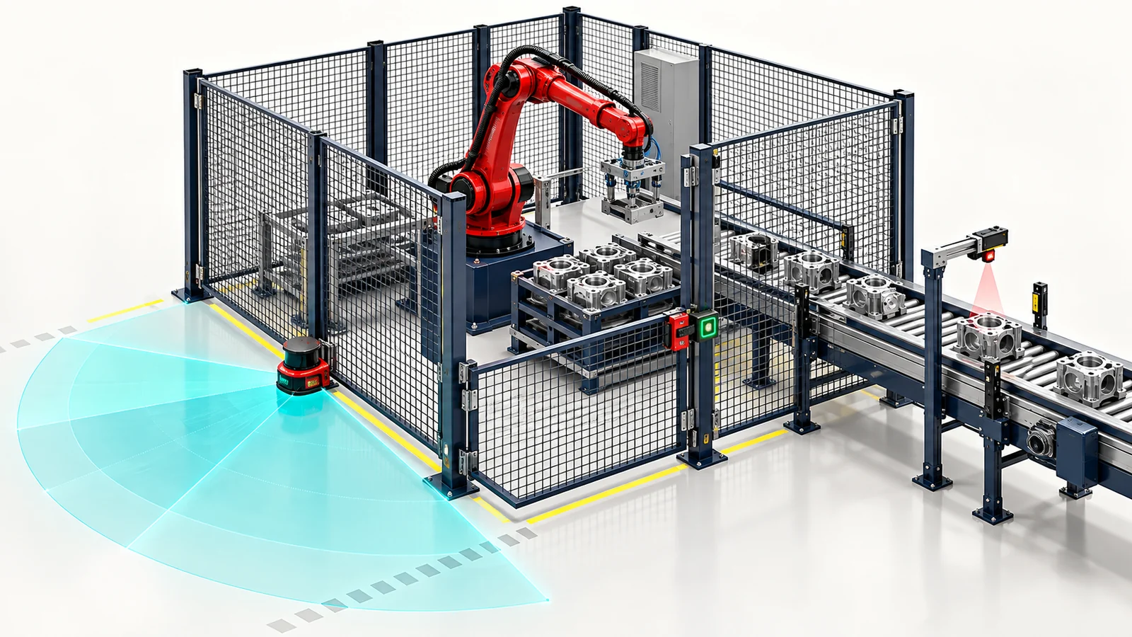 Makine emniyeti için lazer alan tarayıcı ve RFID kapı kilidiyle korunan robot hücresi illüstrasyonu