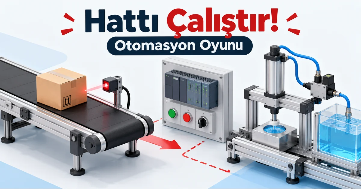 Hattı Çalıştır otomasyon oyunu: konveyör, sensör, PLC ve pnömatik valfler
