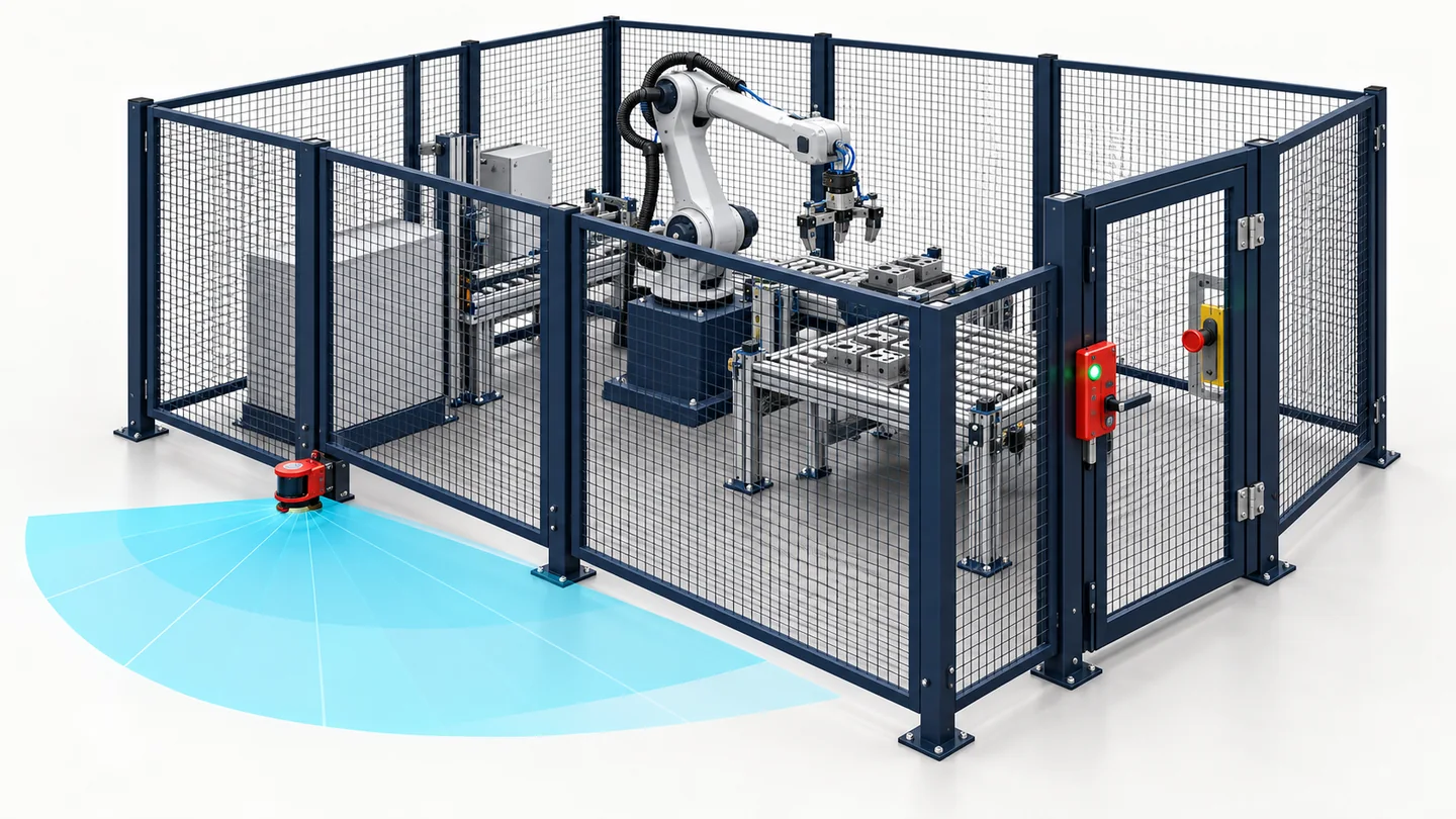 Robot hücresinde lazer alan tarayıcı ve RFID kapı kilidinin birlikte kullanıldığı makine emniyeti illüstrasyonu